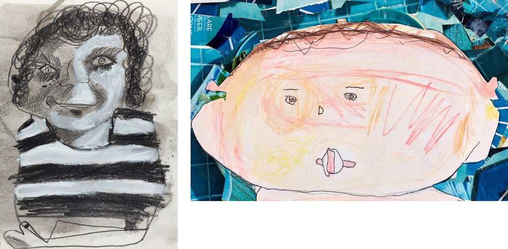 On left, a curly-haired person in a striped top. On right, a person sucking a dummy.
