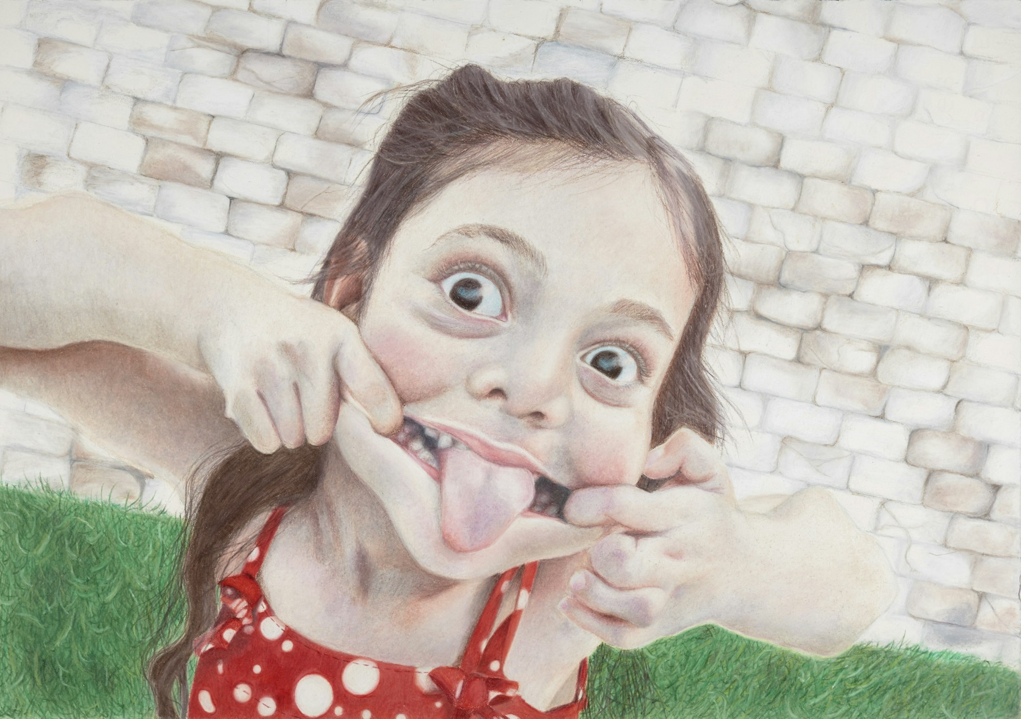 A person uses a finger of each hand to stretch their mouth wide and stick out their tongue