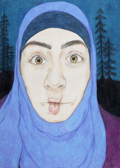 A person wearing a headscarf pulls a funny face