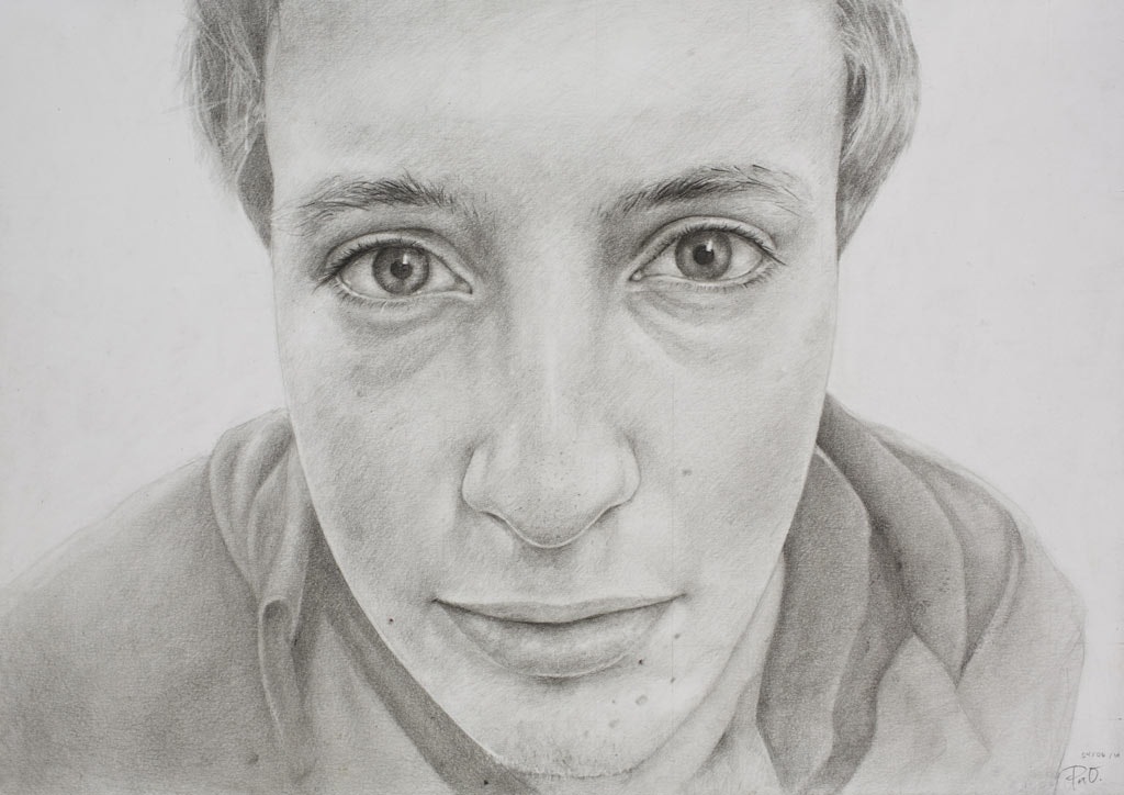 A black-and-white pencil drawing of the head and shoulders of a short-haired person looking directly ahead