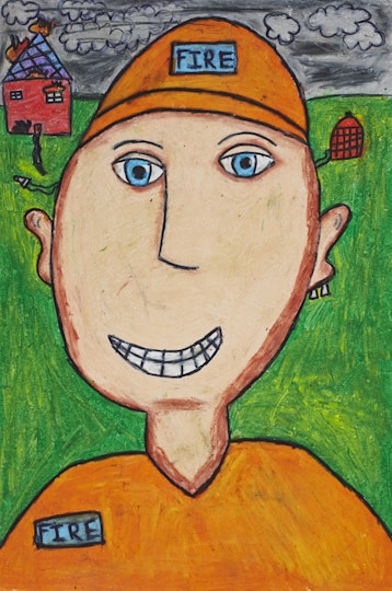 A person in an orange top and cap, both labelled 'fire'