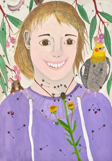 A smiling person with a bird on one shoulder, a mouse on the other, with branches and leaves behind them and a flower in front