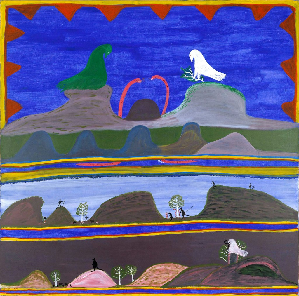 Three views of Country in which birds and other animals feature along with hills and trees