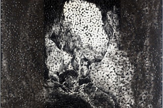 Oil painting in portrait format of the mouth of a cave.