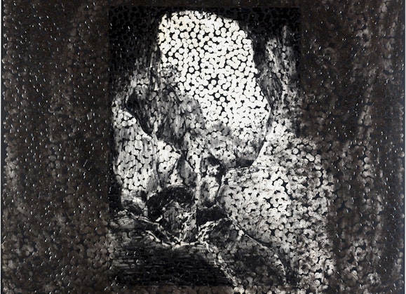 Oil painting in portrait format of the mouth of a cave.