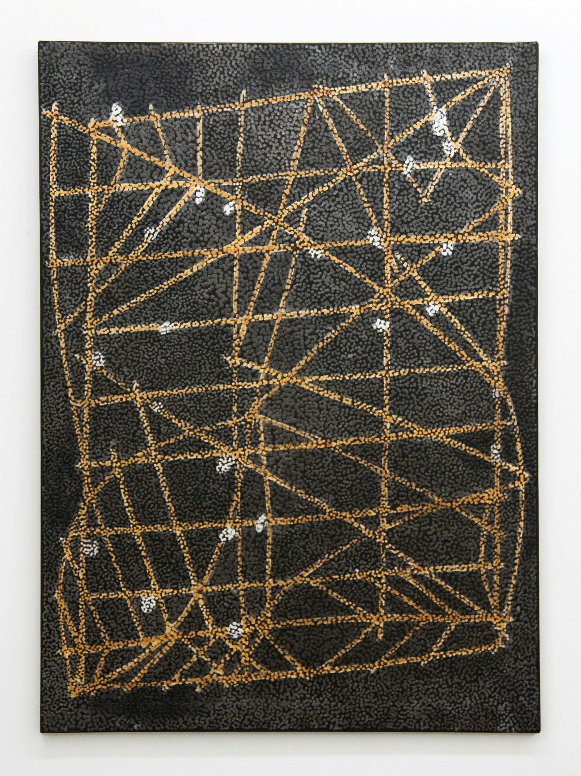 An oil painting in portrait format of a stick chart or Rebbelib, used to navigate the Great Ocean.