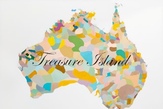 A painting of a map of Australia that  appropriates the Australian Institute of Aboriginal and Torres Strait Islander Studies. It contains the words 'Treasure Island' across the centre.