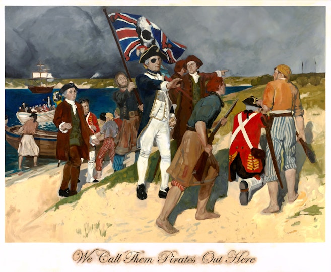 A painting of Captain James Cook and his crew landing at Kamay/Botany Bay. Cook has a pirate eye patch on his right eye.