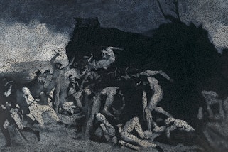 A painting in landscape orientation of a battle scene depicting First Nations people resisting against Captain Cook on a beach in Hawai'i.