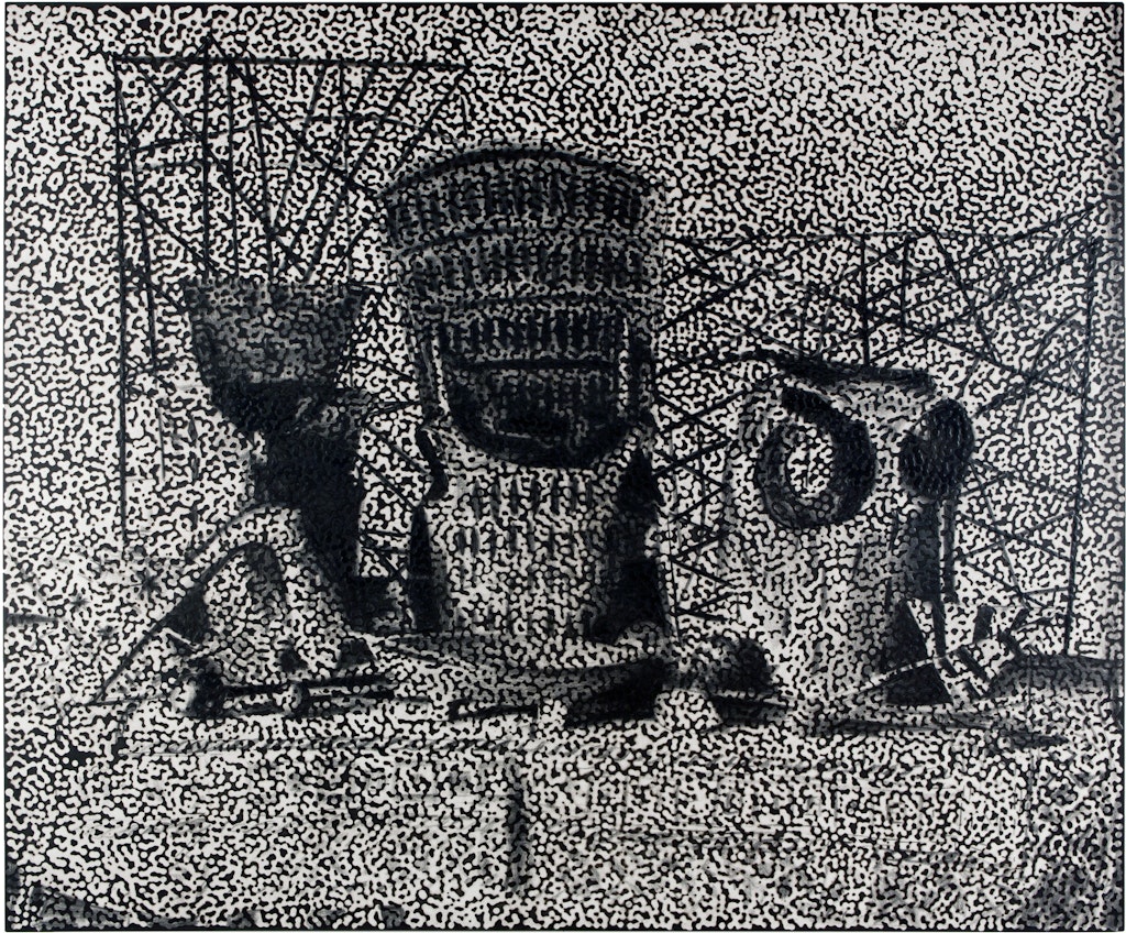 A painting in landscape format of a group of artefacts arranged on a table. The artefacts were collected from the Great Ocean region.