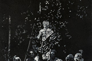A painting in portrait format of a group of Aboriginal people holding large shields from the Rainforest and East Cape regions.