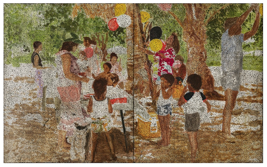 A painting of a group of people of different ages under trees hung with balloons