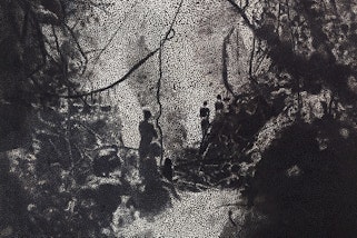 A painting in portrait format of a group of people seen from behind in a clearing with water and foliage.