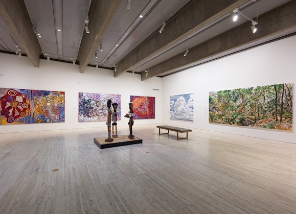 Installation view of the 2022 Wynne Prize at the Art Gallery of NSW, featuring 2022 winner Nicholas Harding’s Eora (right)