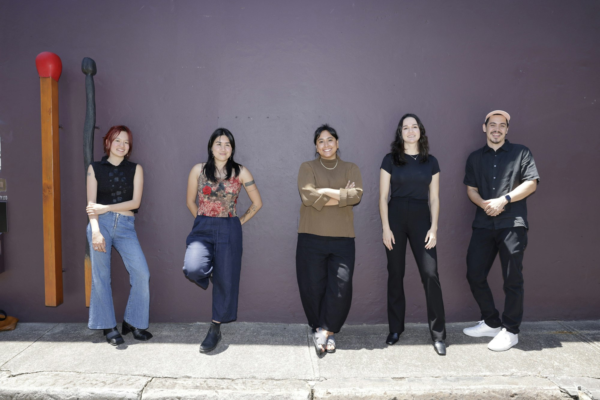 Some of the Brett Whiteley Travelling Art Scholarship 2021 recipients – (from left) Jacquie Meng, Emma Rani Hodges, Mia Boe and Thea Anamara Perkins – with 2021 judge Abdul Abdullah