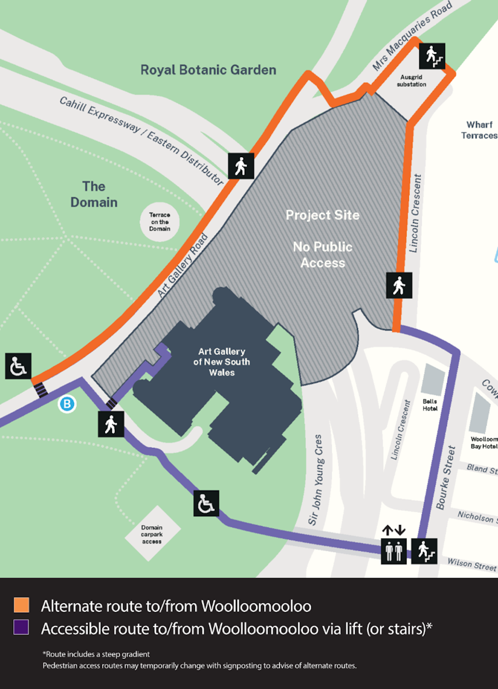 Map showing alternative route to/from Woolloomooloo and accessible route to/from Woolloomooloo via lift (or stairs). The latter route includes a steep gradient. Pedestrian access routes may temporarily change with signposting to advise alternative routes.