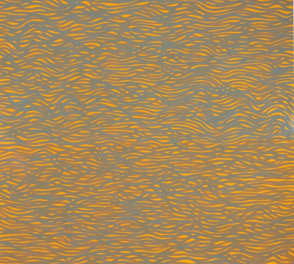 A dense patterning of wavy grey lines on a yellow background