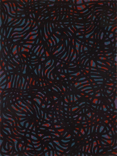 A dense patterning of wavy black and red lines on a grey background