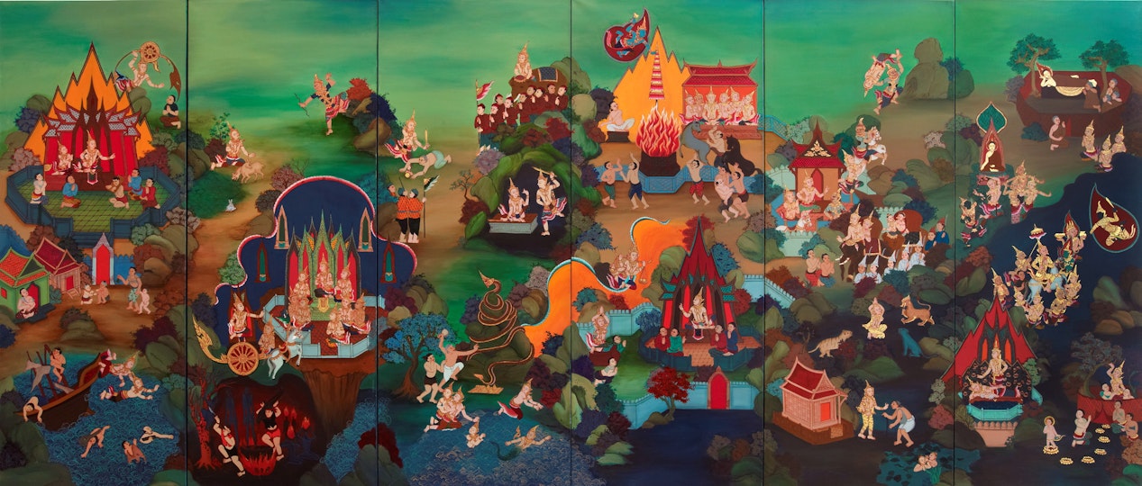 A detailed painting depicting many scenes of the Buddha within natural landscape settings