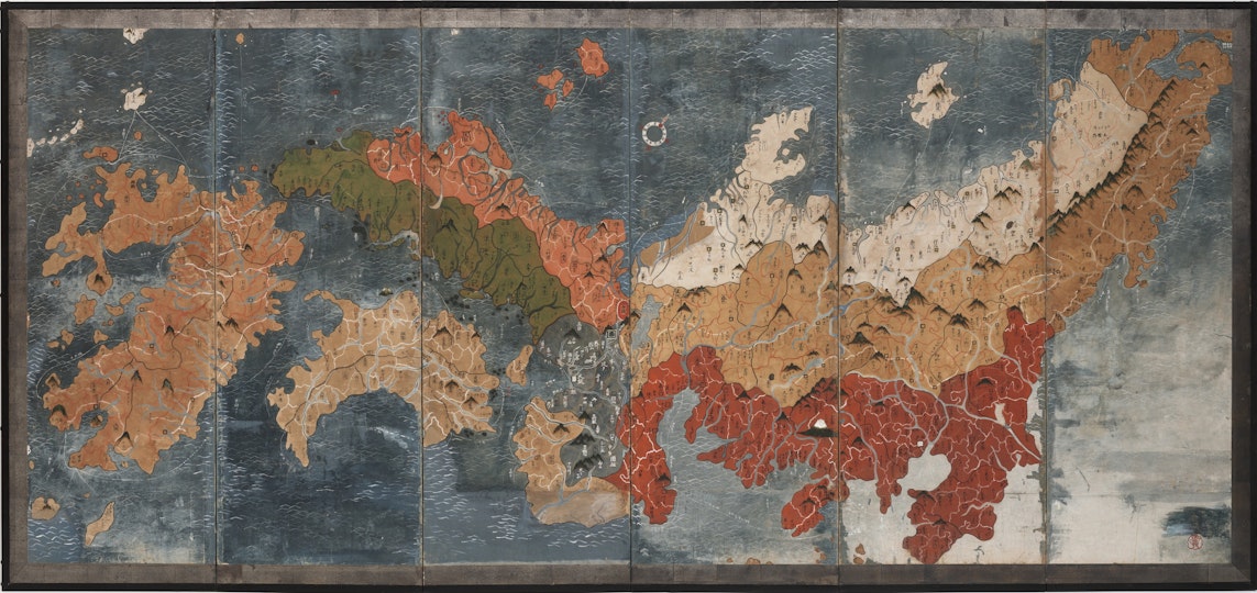 A map of several islands in various colours on a grey-blue background