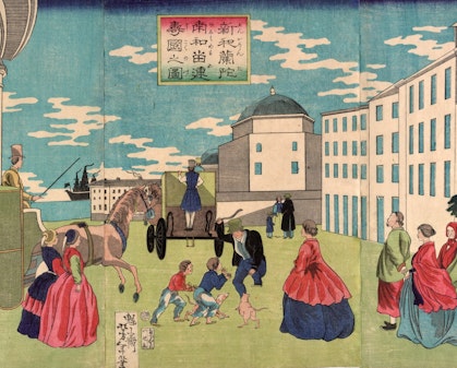 Various people, some in long dresses, some in frock coats, along with horse-drawn vehicles on a green lawn between four-story buildings