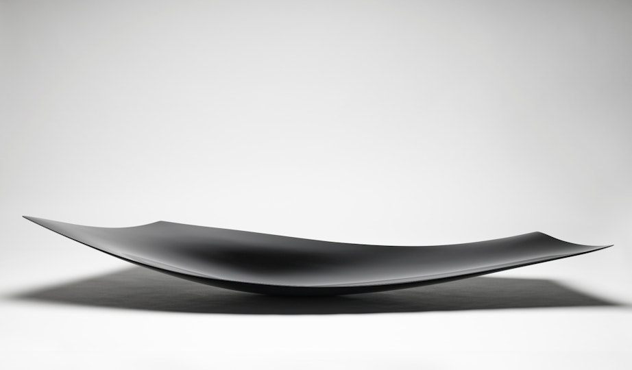 A black, rectangular, curved platter-like object