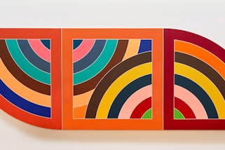 A colourful three-panelled work with a pattern of curves