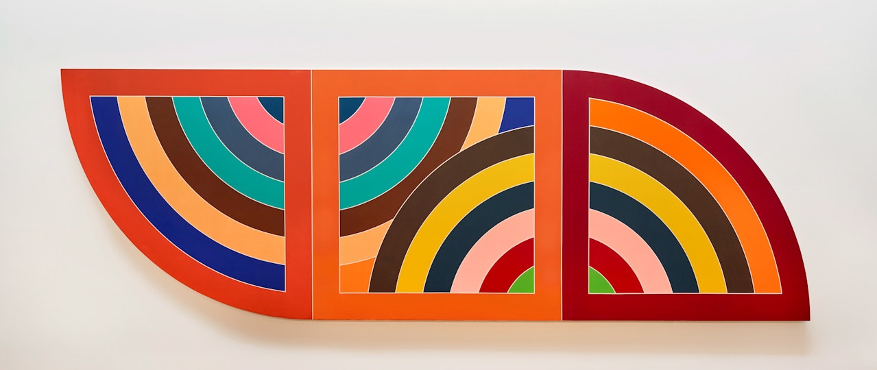A colourful three-panelled work with a pattern of curves