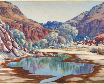 A watercolour painting of a waterhole among rocks, trees and hills