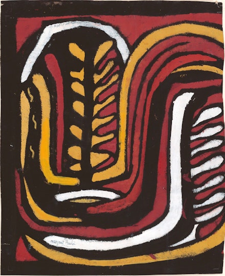 An abstract painting in red, yellow and brown tones