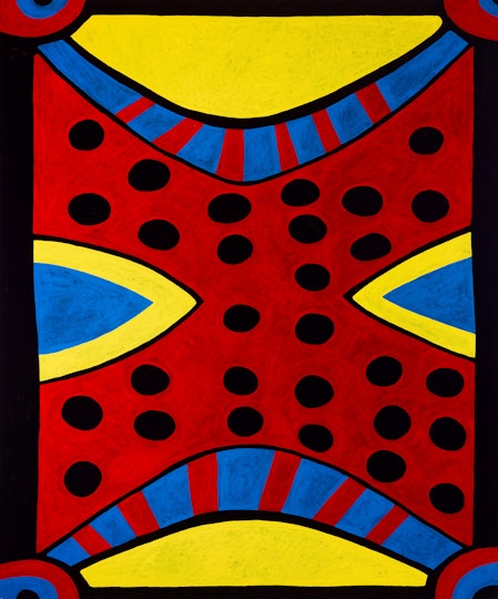A painting of various forms in black, red, yellow and blue