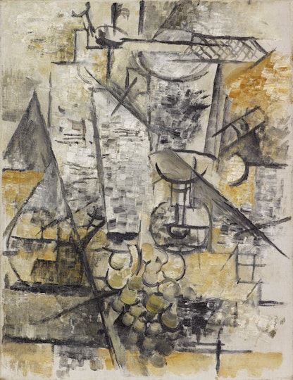 An abstract painting featuring various forms and lines in black, grey and mustard in which an image of a glass is discernible