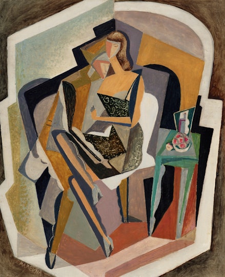 A cubist painting of a seated woman next to a small table