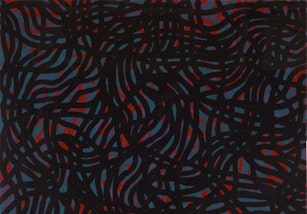 A dense patterning of wavy black and red lines on a grey background