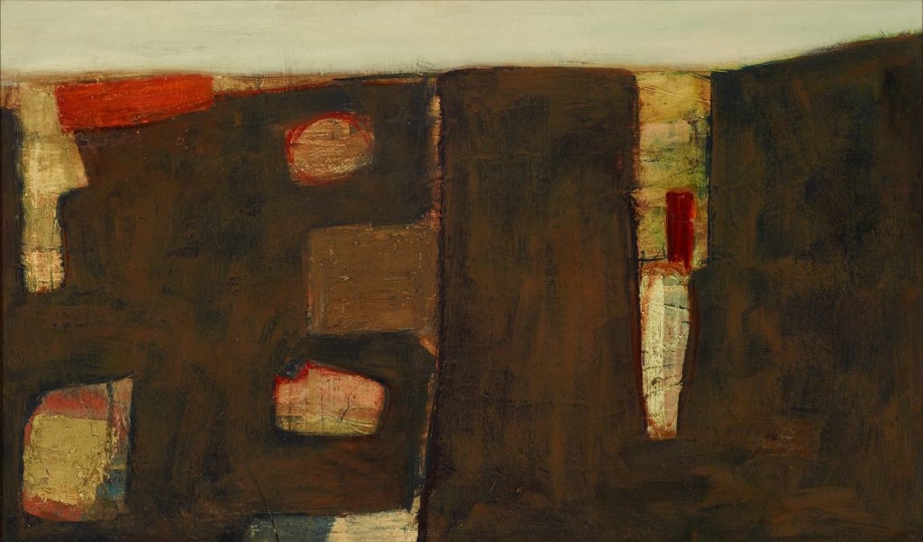 An abstract painting which includes large solid forms in brown
