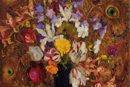 A still-life arrangement of various flowers in a vase with a background of peacock feathers and patterned wallpaper
