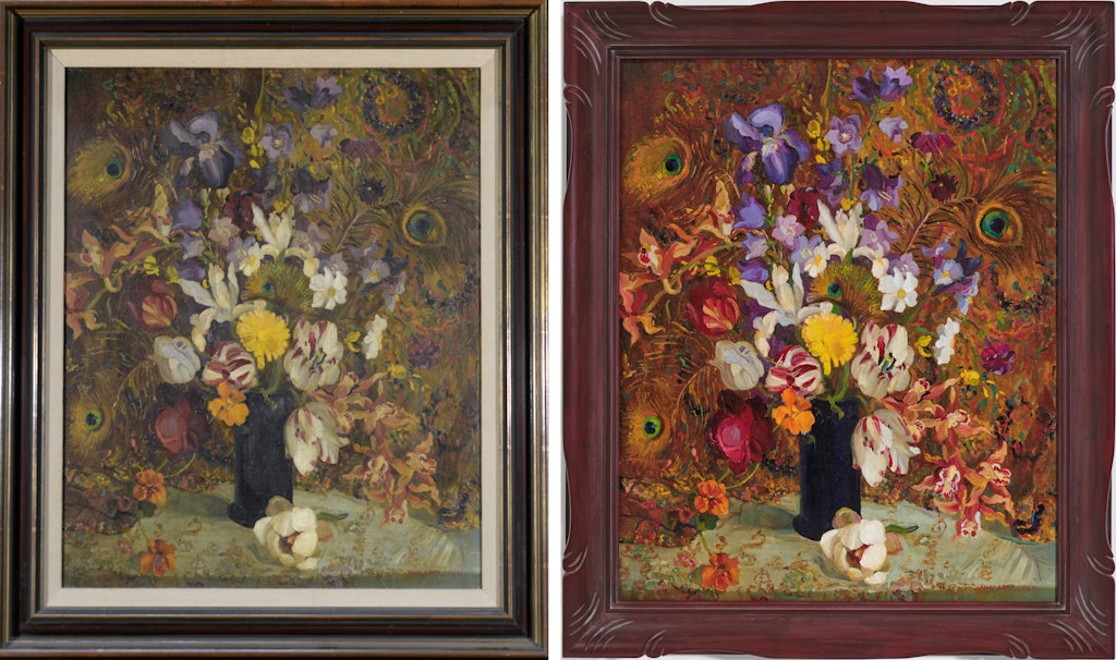 A still-life painting of flowers in a rectangular frame with mount and the same painting in brighter colours in a curved and engraved frame
