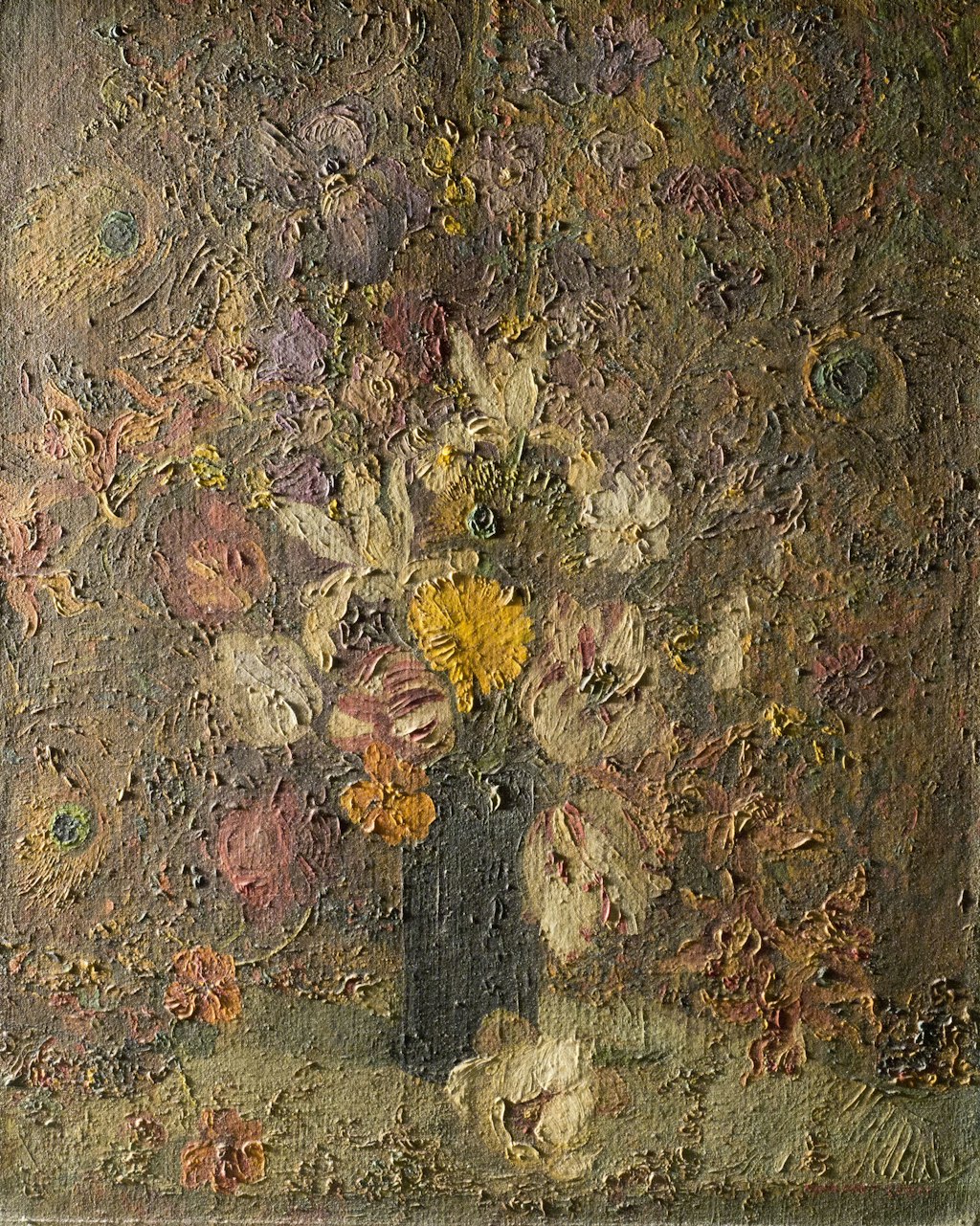 A still-life painting of flowers with the thick paint and brushstrokes visible