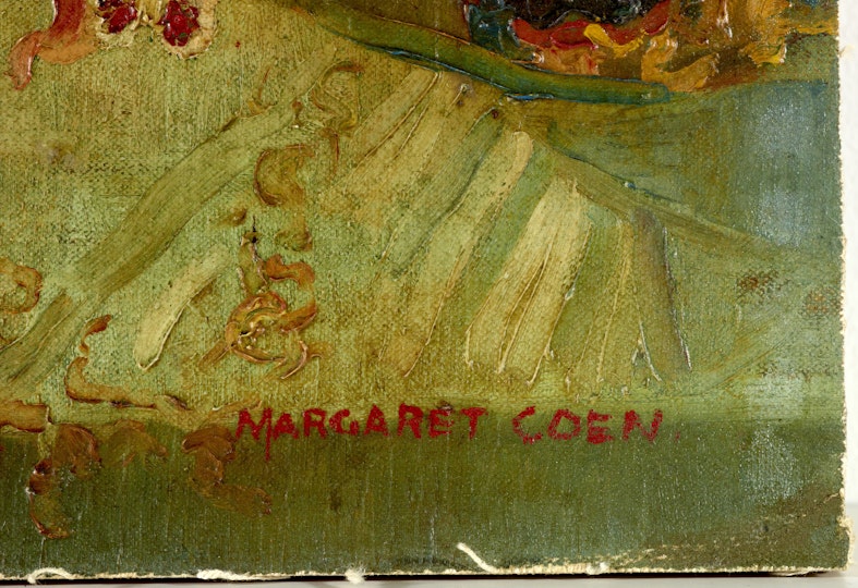 Part of a painting showing streaks across the green paint background above a signature reading 'Margaret Coen'