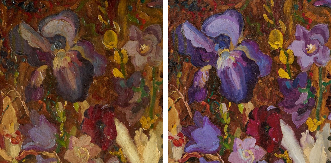 Two close-up images of the same part of a floral painting. The colours of one is much brighter.