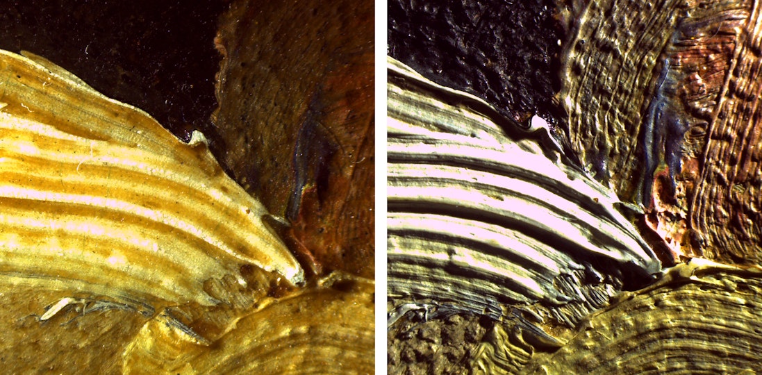 Two close-up images of paint. The one on the left appears yellow and flat.