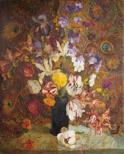 A still-life painting of flowers in which the right half is much cleaner and brighter than the left