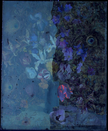 A blue-tinged photo of a still-life floral painting in which the right half is much stronger in colour