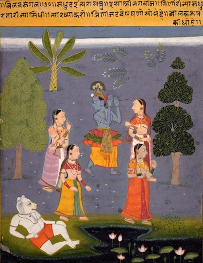 A person stands playing a flute surrounded by four standing figures and a reclining figure with a human body and animal head