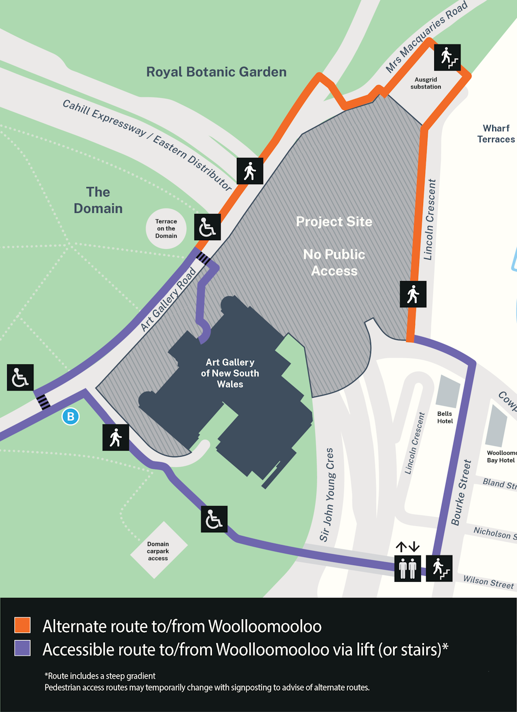 A map of the Art Gallery of New South Wales and its surrounds, with two access routes indicated
