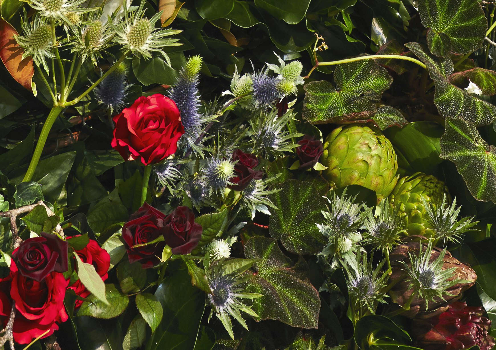 An arrangement of cut plants, including roses and thistles