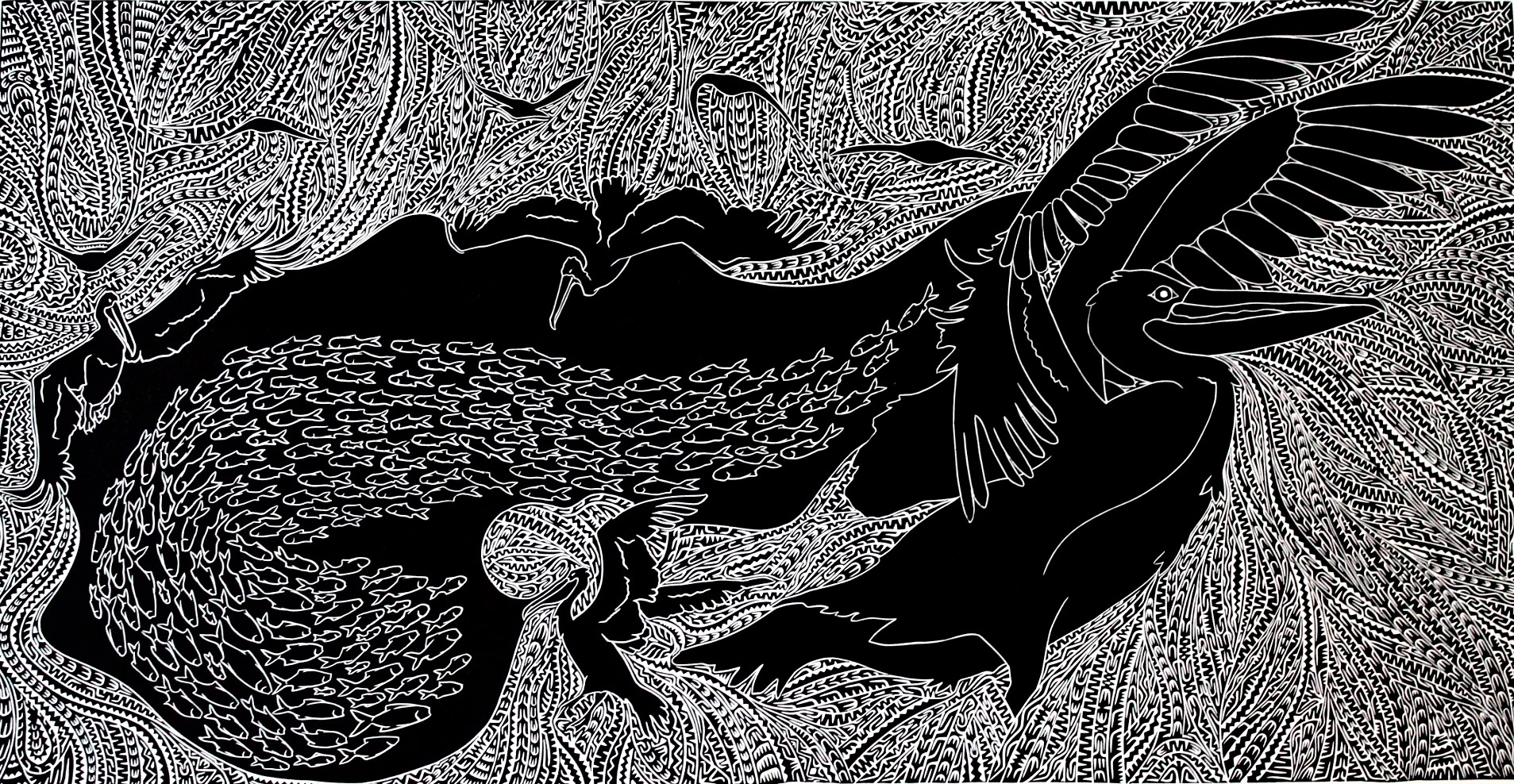 A black-and-white design of pelicans flying over fish