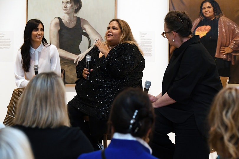 Fearless event in the Archibald, Wynne and Sulman Prizes 2022 exhibition featuring Archibald finalist portraits (left-right:) Keith Burt Bridie Gillman and Tsering Hannaford Sally Scales