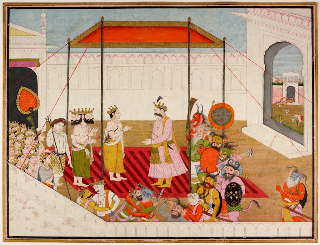 Figures meet in a courtyard under a canopy. Some wear crowns and take human form. Others look more like animals.