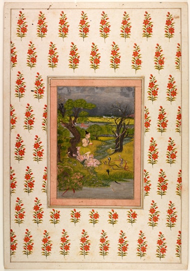 A painting, with a wide frame featuring flowers, depicting a person sitting outdoors playing a wind instrument to snakes